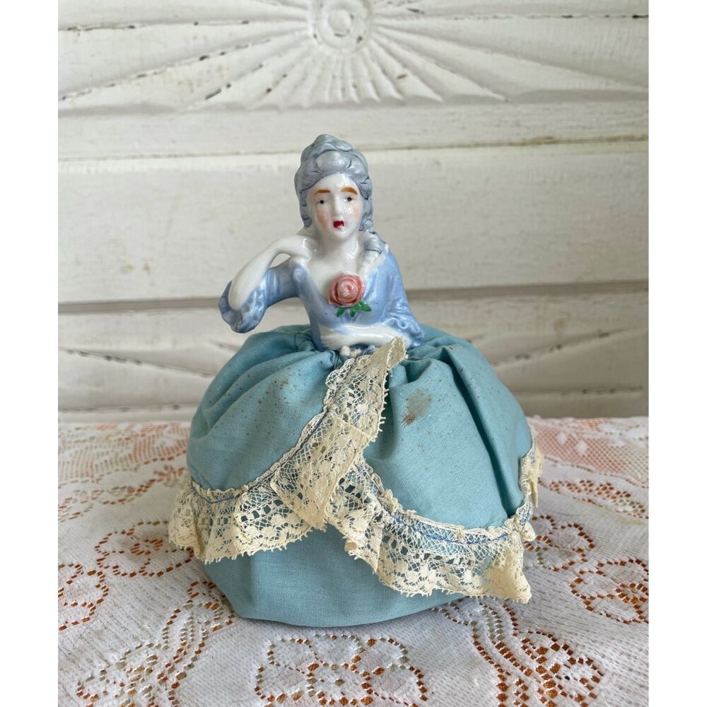 Antique Porcelain Pin Cushion Doll  Blue dress with lace